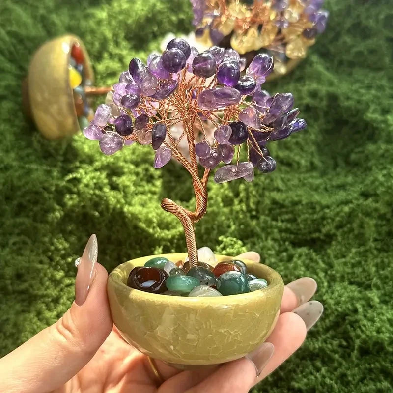 1PC Natural Crystal Tree Energy Stone Citrine Amethyst Money Tree Copper Wire Wrapped Colorful Teabowl Yoga Feng Shui Trees