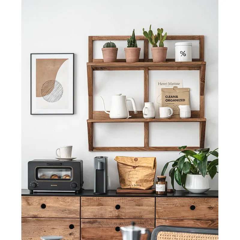 Wall Hanging Mounted Double Layer Display Rack, Teapot Storage, Solid Wood, Floating Shelves, Living Room Furniture