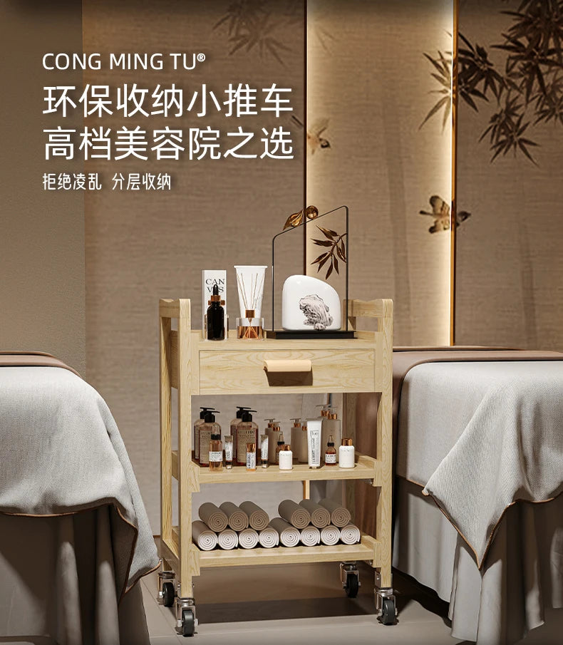 Solid Wood Multifunctional Beauty Salon Trolley Beauty Trolley Three Shelves Tools with Drawers Hair Commercial Furniture