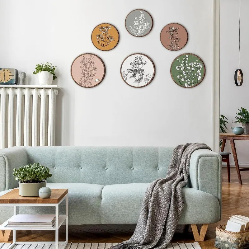 6Pcs Wooden Boho Wall Art, Bohemian Plant Hanging Decor, Rustic Farmhouse Wall Decor for Living Room, Bedroom & Office