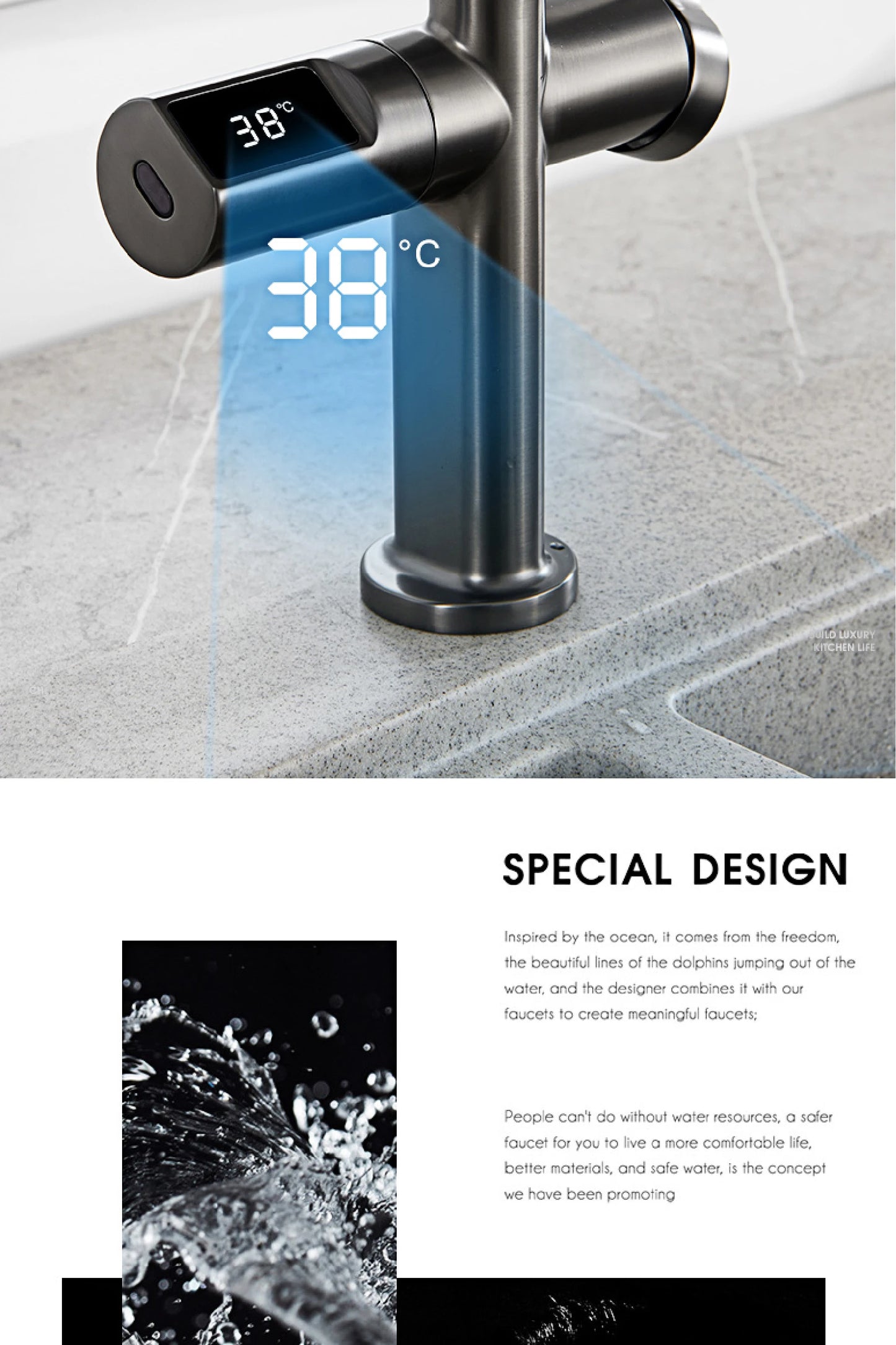 Luxury brass gun gray kitchen faucet LED digital sensing design single handle hot & cold water pull-out type 2-function sink Tap