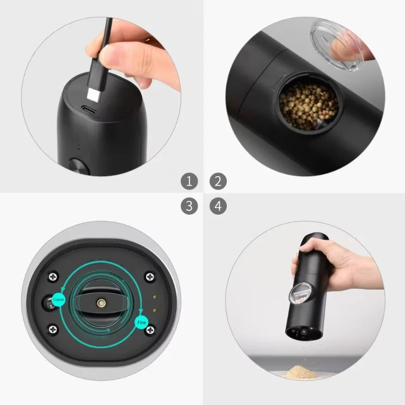 Electric Salt and Pepper Grinder Set with Charging Base and LED Light Adjustable Coarseness Automatic Spice Herb Mill