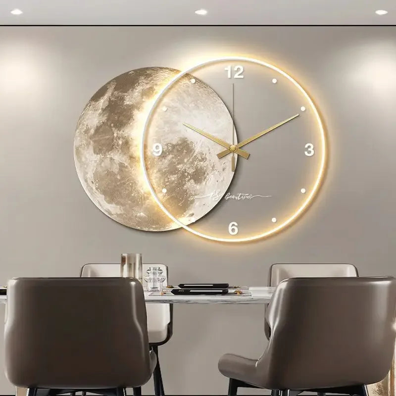 Large Dining Room Living Room Wall Clock Luxury Moon The Earth Modelling LED Light Silent Movement Bedroom Wall Decoration Gift