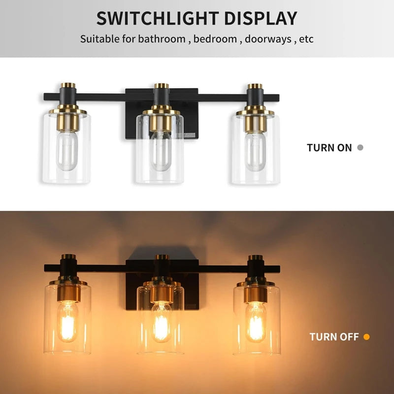 3-Light Modern Bathroom Vanity Light Fixture Above Mirror, Metal & Glass Construction, Hardwired for Easy Installation