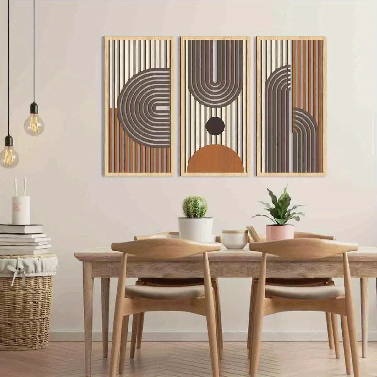 3PCS Modern Line Hollow Wooden Art Wall Decor, Abstract Geometric Wall Sculptures, Wall Decor for Bedroom Living Room Office