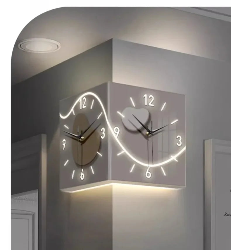 Double-sided Wall Clock Creative Living Room Mural Corner Corner Clocks Modern Art LED Light Wall Clock Hanging Decoration