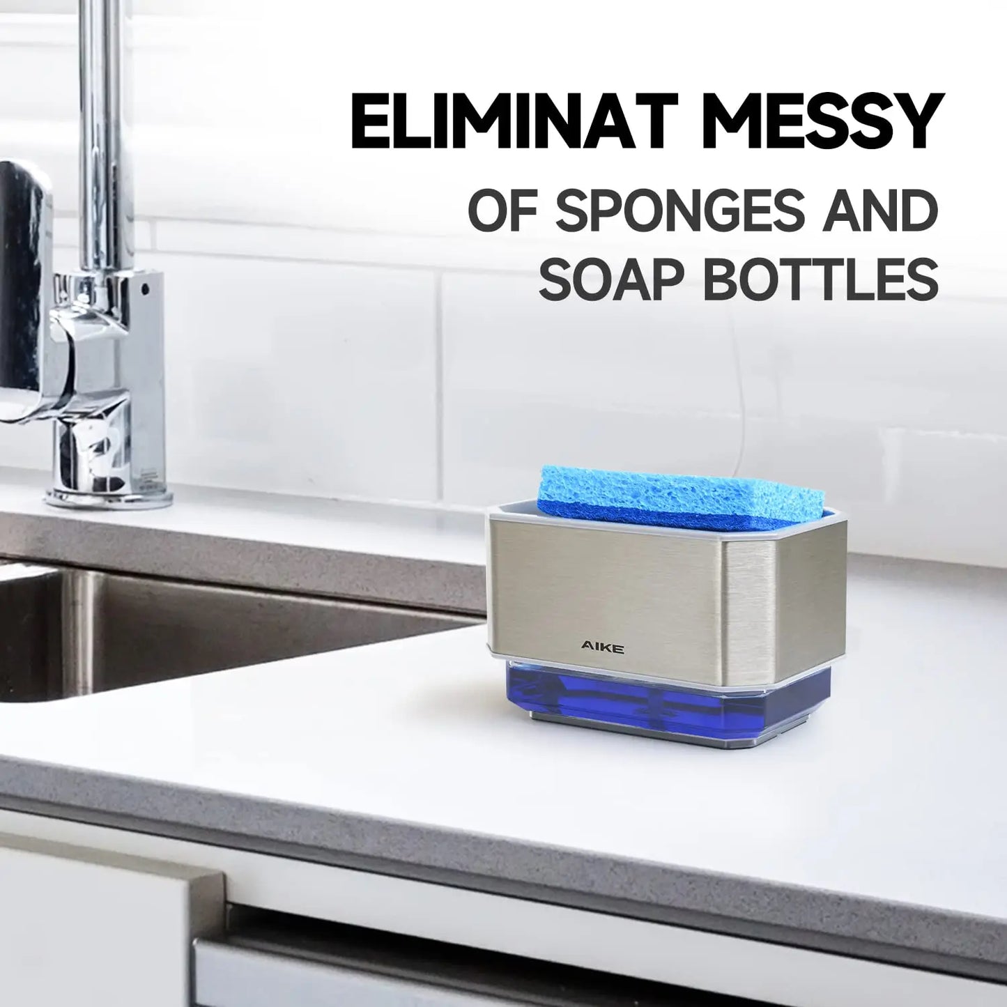 AIKE 2 in 1 Kitchen Soap Dispenser with Sponge Stainless Steel Dish Soap Box Detergent Dispenser for Dishwashing Manual Pump