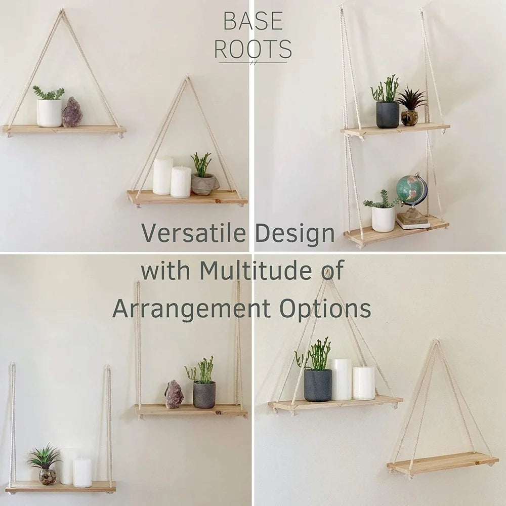 Wood Swing Hanging Rope Wall Mounted Floating Shelves Plant Flower Pot Indoor Outdoor Decoration