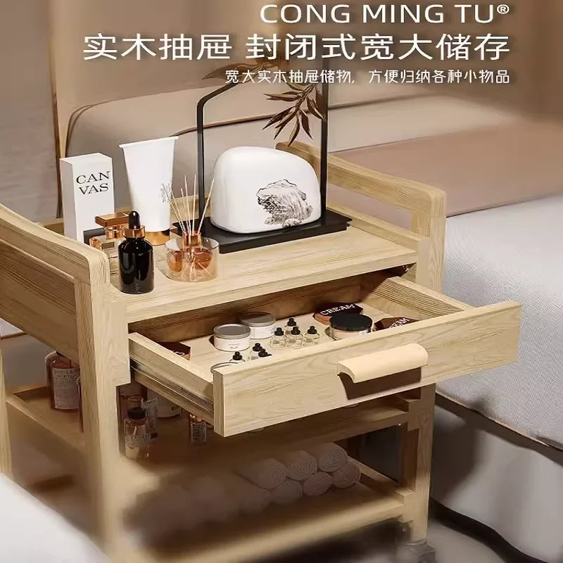 Solid Wood Multifunctional Beauty Salon Trolley Beauty Trolley Three Shelves Tools with Drawers Hair Commercial Furniture