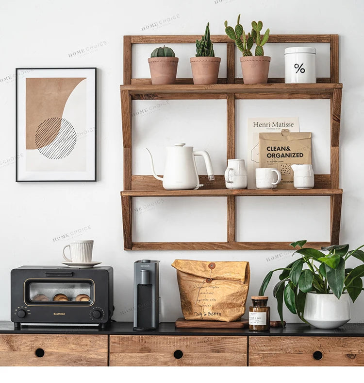 Wall Hanging Mounted Double Layer Display Rack, Teapot Storage, Solid Wood, Floating Shelves, Living Room Furniture