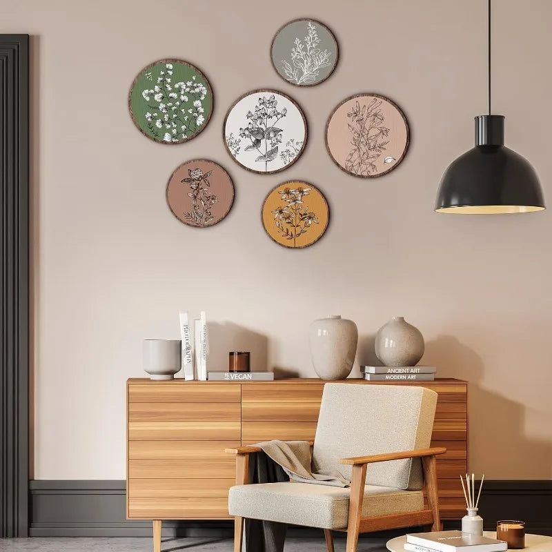 6Pcs Wooden Boho Wall Art, Bohemian Plant Hanging Decor, Rustic Farmhouse Wall Decor for Living Room, Bedroom & Office