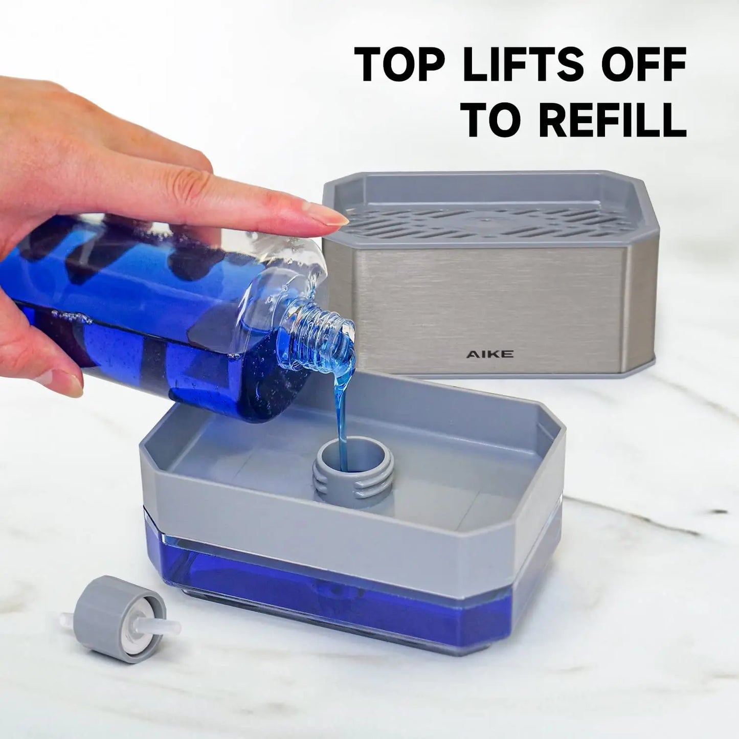 AIKE 2 in 1 Kitchen Soap Dispenser with Sponge Stainless Steel Dish Soap Box Detergent Dispenser for Dishwashing Manual Pump