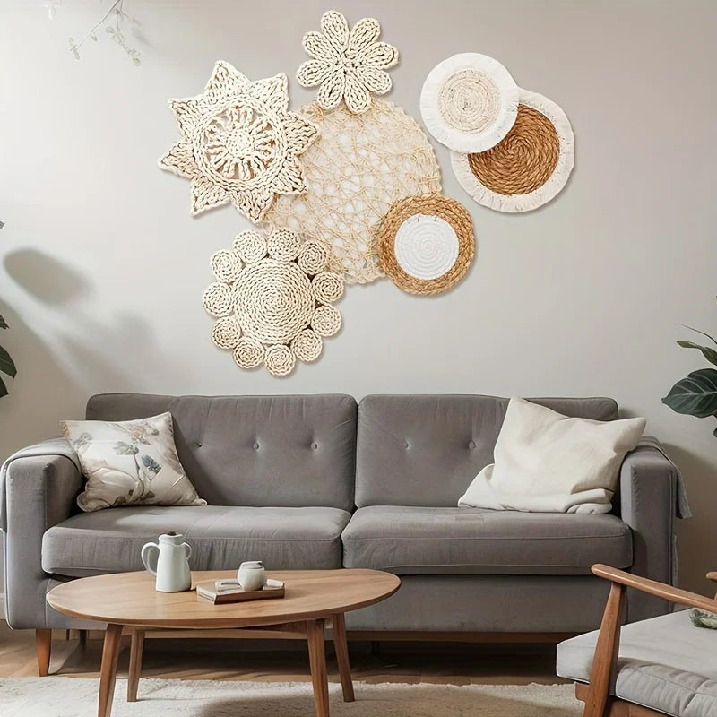Bohemian Style Wall Basket Decor Set of 7 Art Deco Handwoven Rattan Wicker Wall Art for Farmhouse Living Room Bedroom Gift