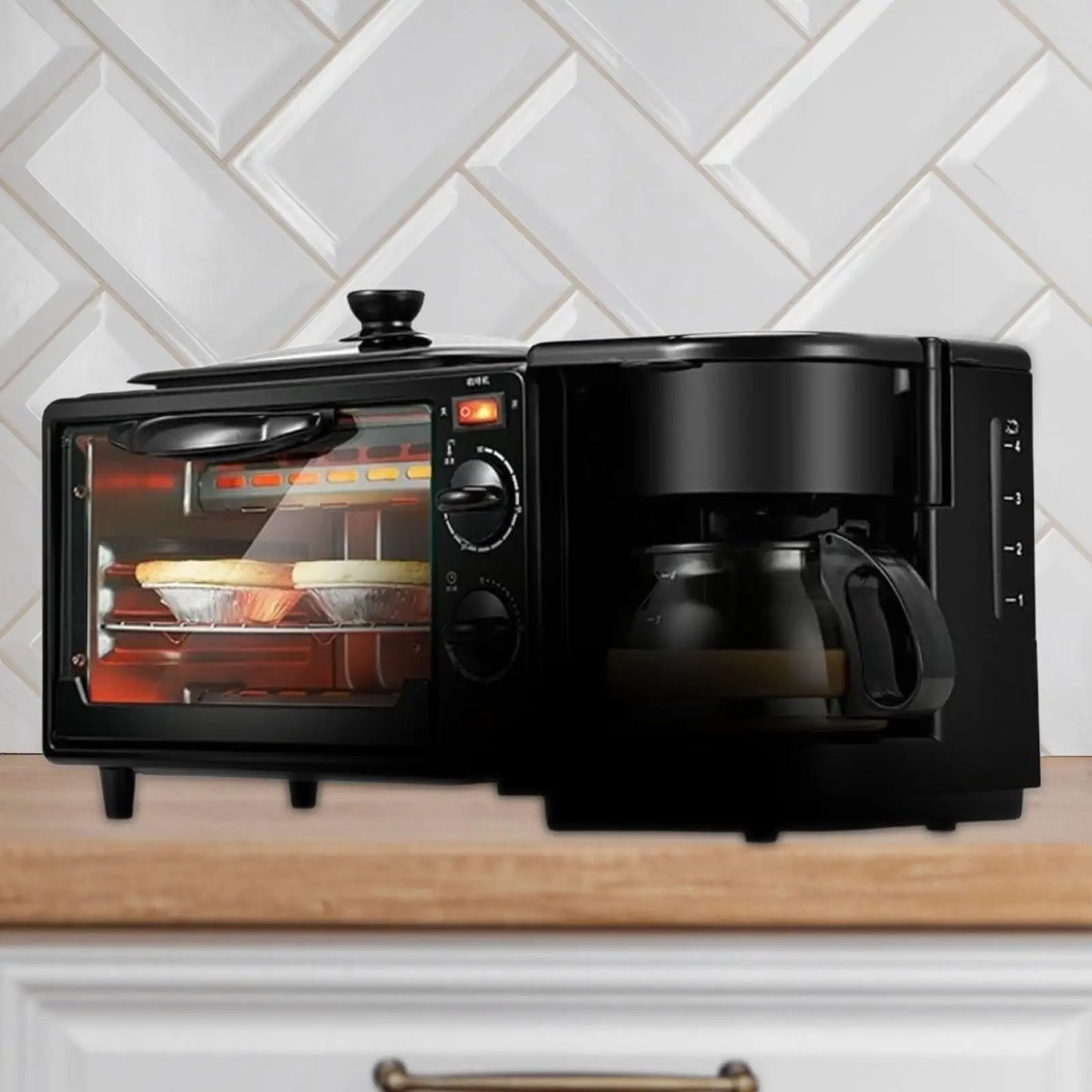 3 in 1 Breakfast Machine Small Kitchen Appliances with Glass Lid Toasters Oven Toaster Oven for Sausages Egg Sandwich Bread