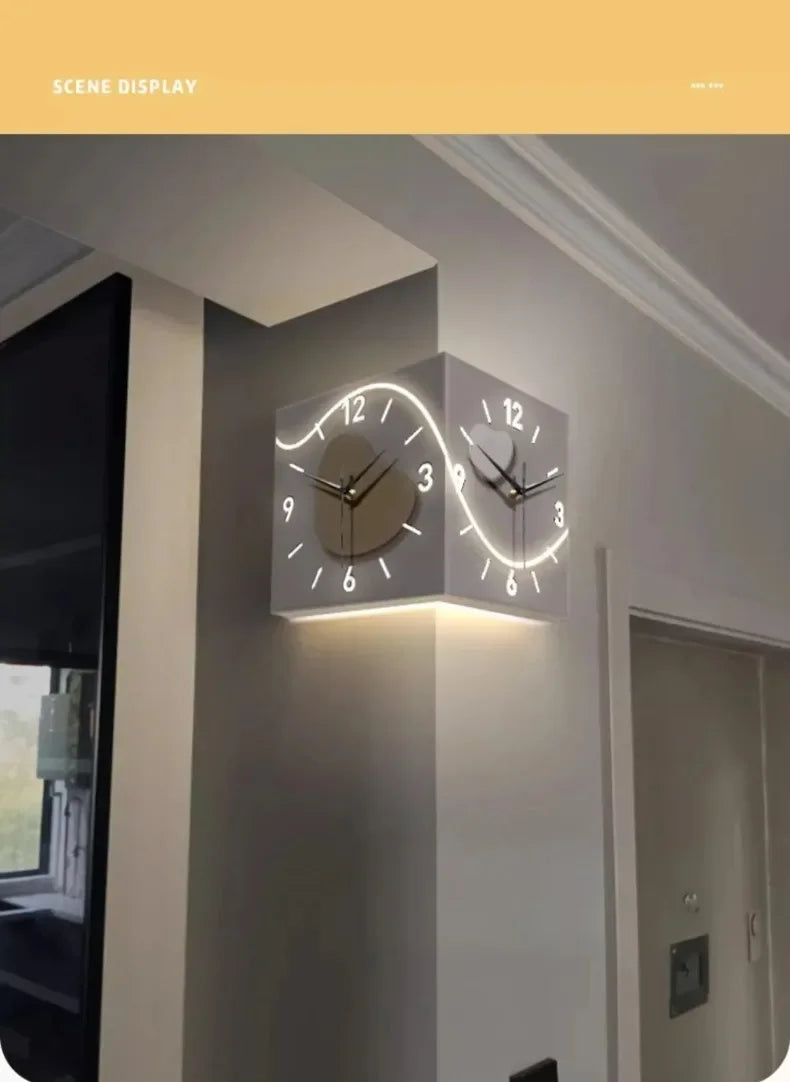 Double-sided Wall Clock Creative Living Room Mural Corner Corner Clocks Modern Art LED Light Wall Clock Hanging Decoration