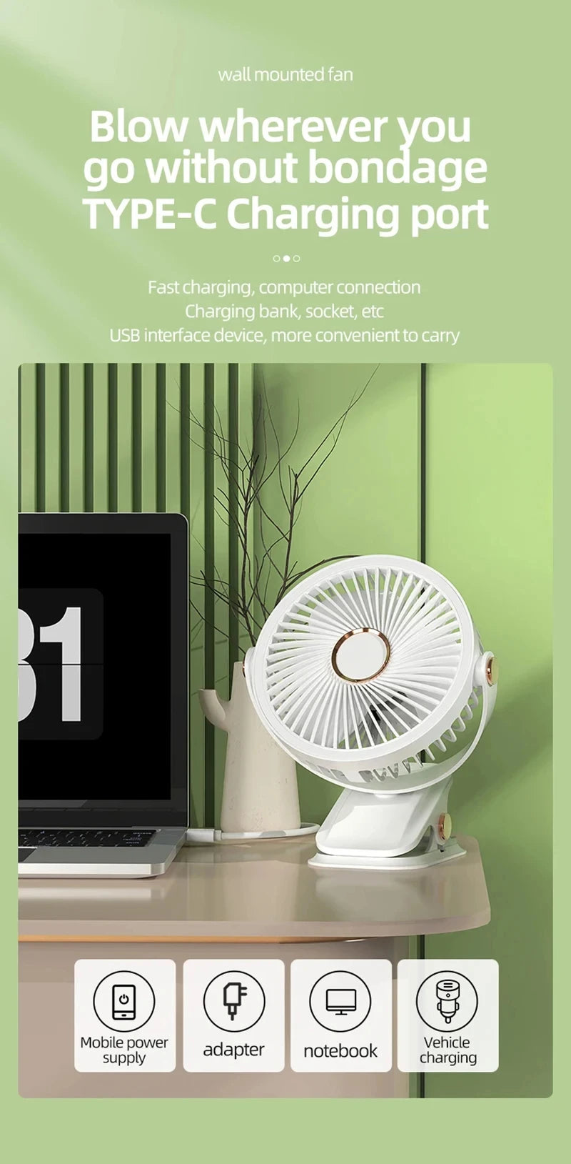 Xiaomi Portable Desktop Fan 3 Wind Speed Quiet Rechargeable Clip-on Air Circulator Wireless Hung Fan With LED Light Camping Home