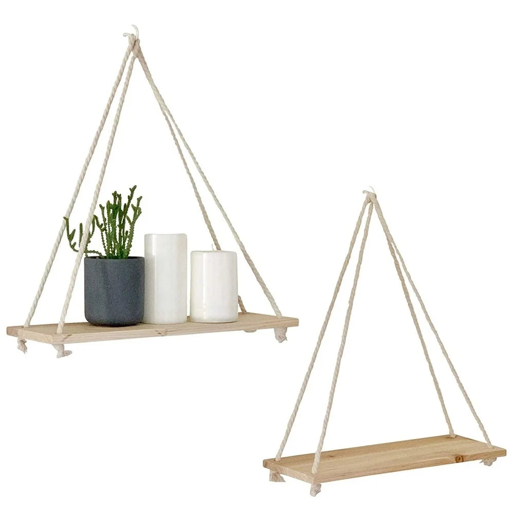Wood Swing Hanging Rope Wall Mounted Floating Shelves Plant Flower Pot Indoor Outdoor Decoration