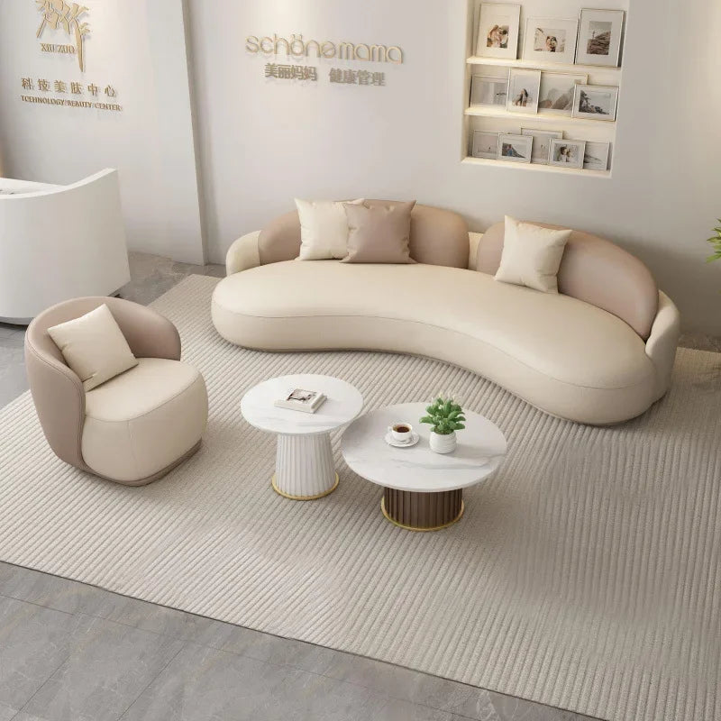 Hotel Sofa, Light Luxury Curved Leather Art Sofa, Cat Scratch Leather, Beauty Salon Rest Set, Sofa and Coffee Table Combination