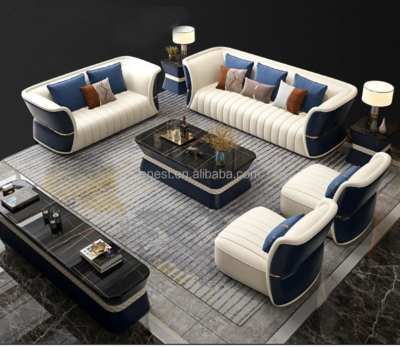 Modern European Style Luxury Villa Living Room Leather Sofa Set With Coffee Table TV Stand Furniture