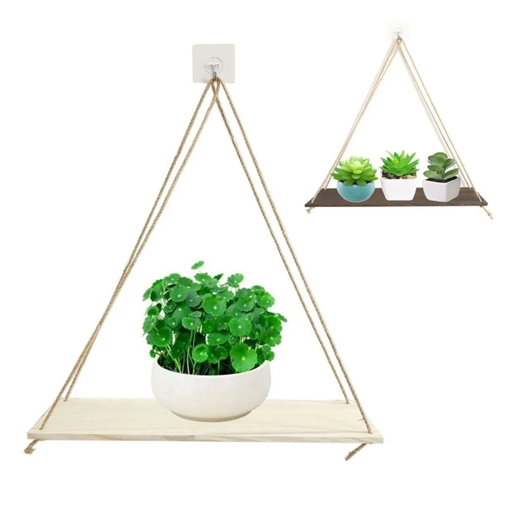 Wood Swing Hanging Rope Wall Mounted Floating Shelves Plant Flower Pot Indoor Outdoor Decoration