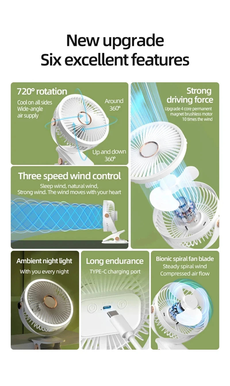 Xiaomi Portable Desktop Fan 3 Wind Speed Quiet Rechargeable Clip-on Air Circulator Wireless Hung Fan With LED Light Camping Home