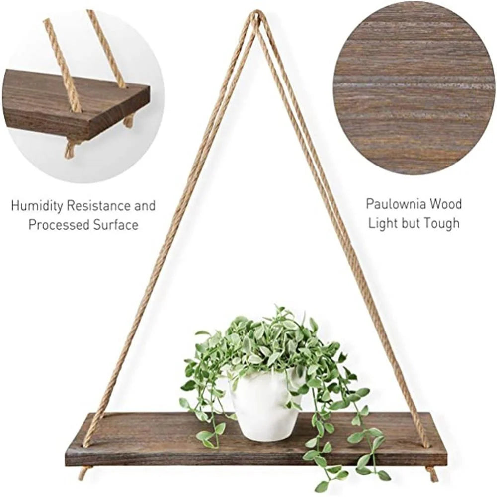 Wood Swing Hanging Rope Wall Mounted Floating Shelves Plant Flower Pot Indoor Outdoor Decoration