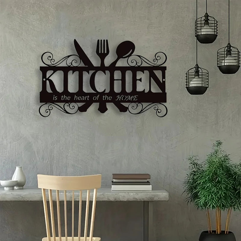 1PC Art Deco Inspired Black Metal Kitchen Wall Art - Elegant Family Theme Hanging Sign with Heartfelt Message, Farmhouse Decor