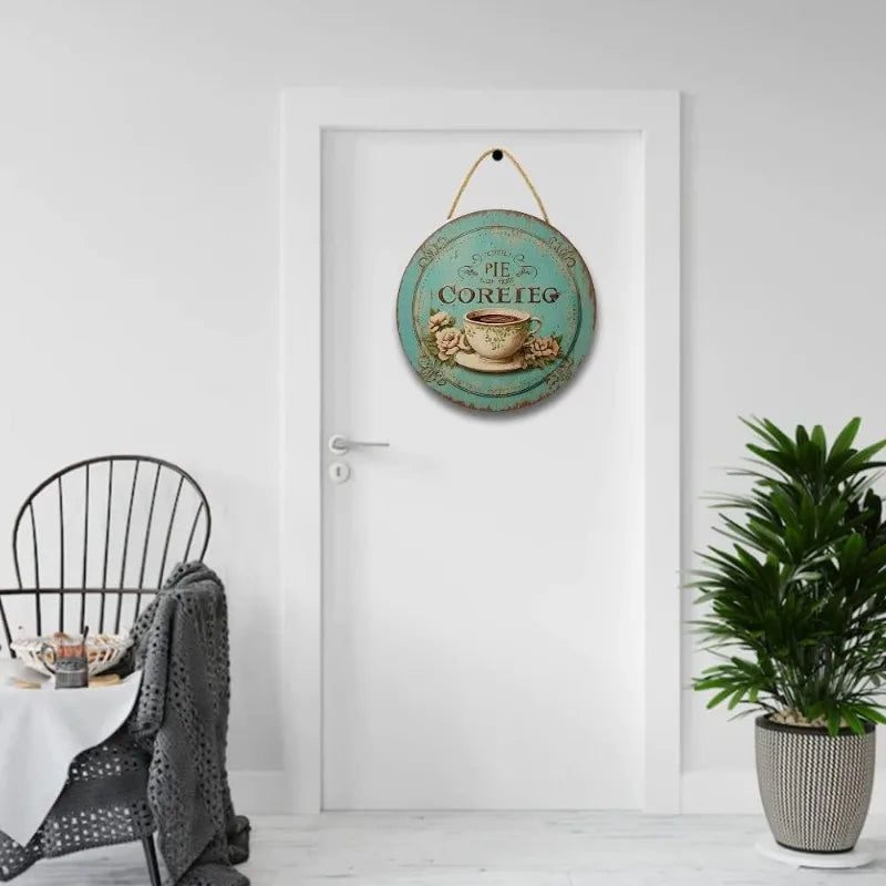 Coffee Themed Wall Decor - Blue & White Shabby Chic Wooden Sign, Rustic Coffee Cup Hanging Plaque for Kitchen & Dining Room