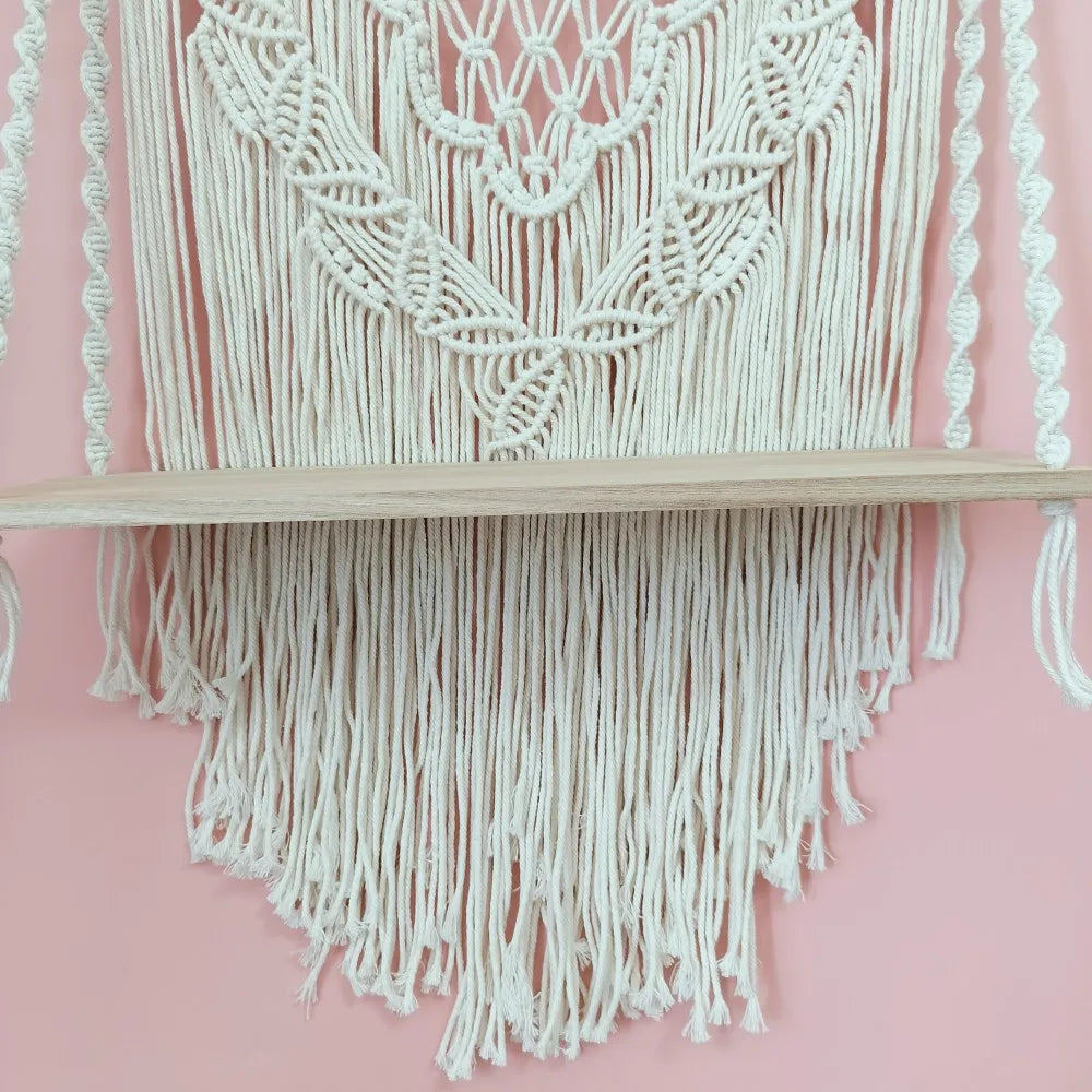 Macrame Floating Shelf Cream White Macrame Wall Hanging Shelf Boho Bedroom Living Room Decor Handwoven Flower Pot Display Stand