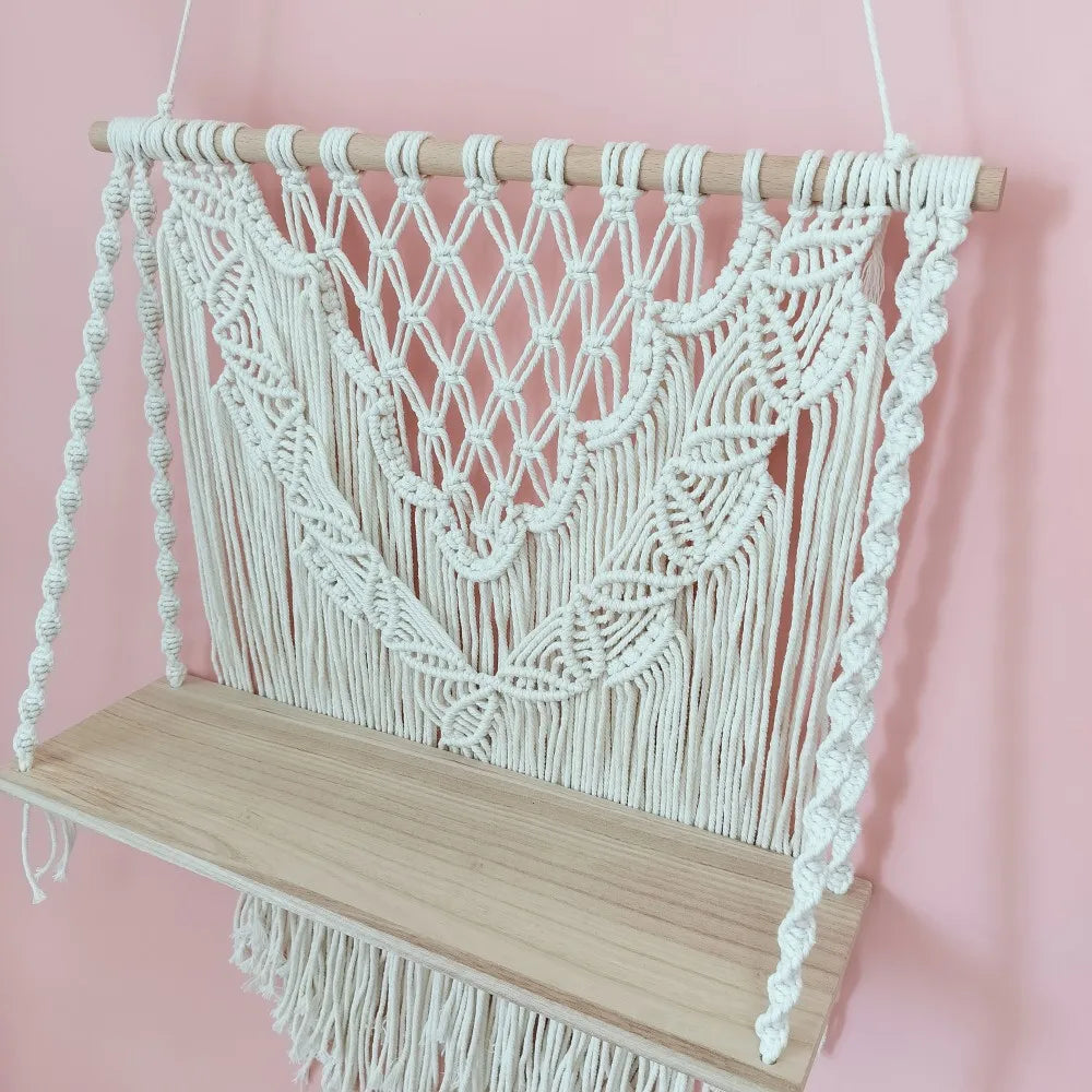 Macrame Floating Shelf Cream White Macrame Wall Hanging Shelf Boho Bedroom Living Room Decor Handwoven Flower Pot Display Stand