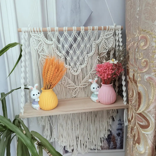 Macrame Floating Shelf Cream White Macrame Wall Hanging Shelf Boho Bedroom Living Room Decor Handwoven Flower Pot Display Stand