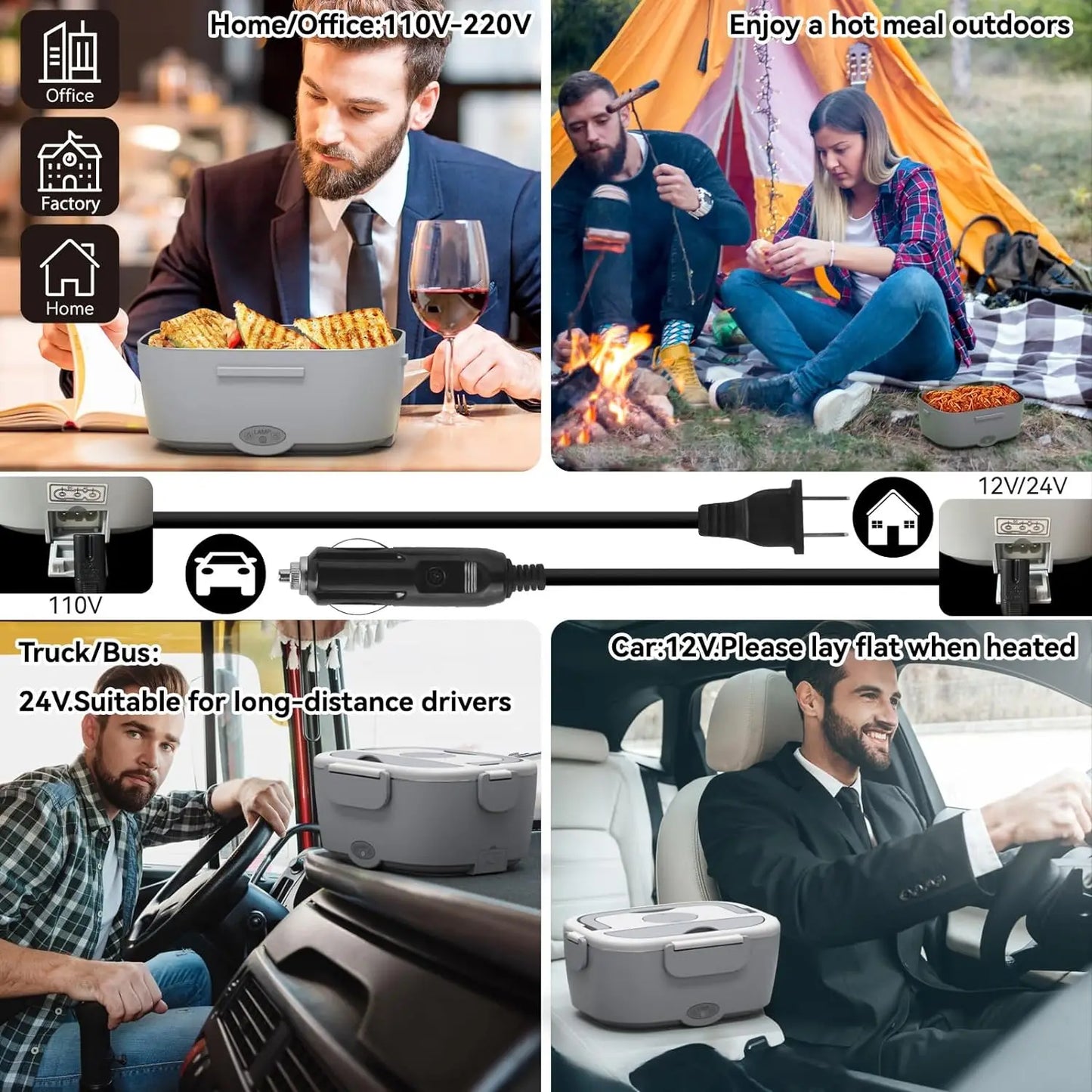 80w1. 5L Portable Electric Heating Lunch Box, Stainless Steel Detachable heat Bowl, Car/Truck/Office Lunch Box, Microwave Oven
