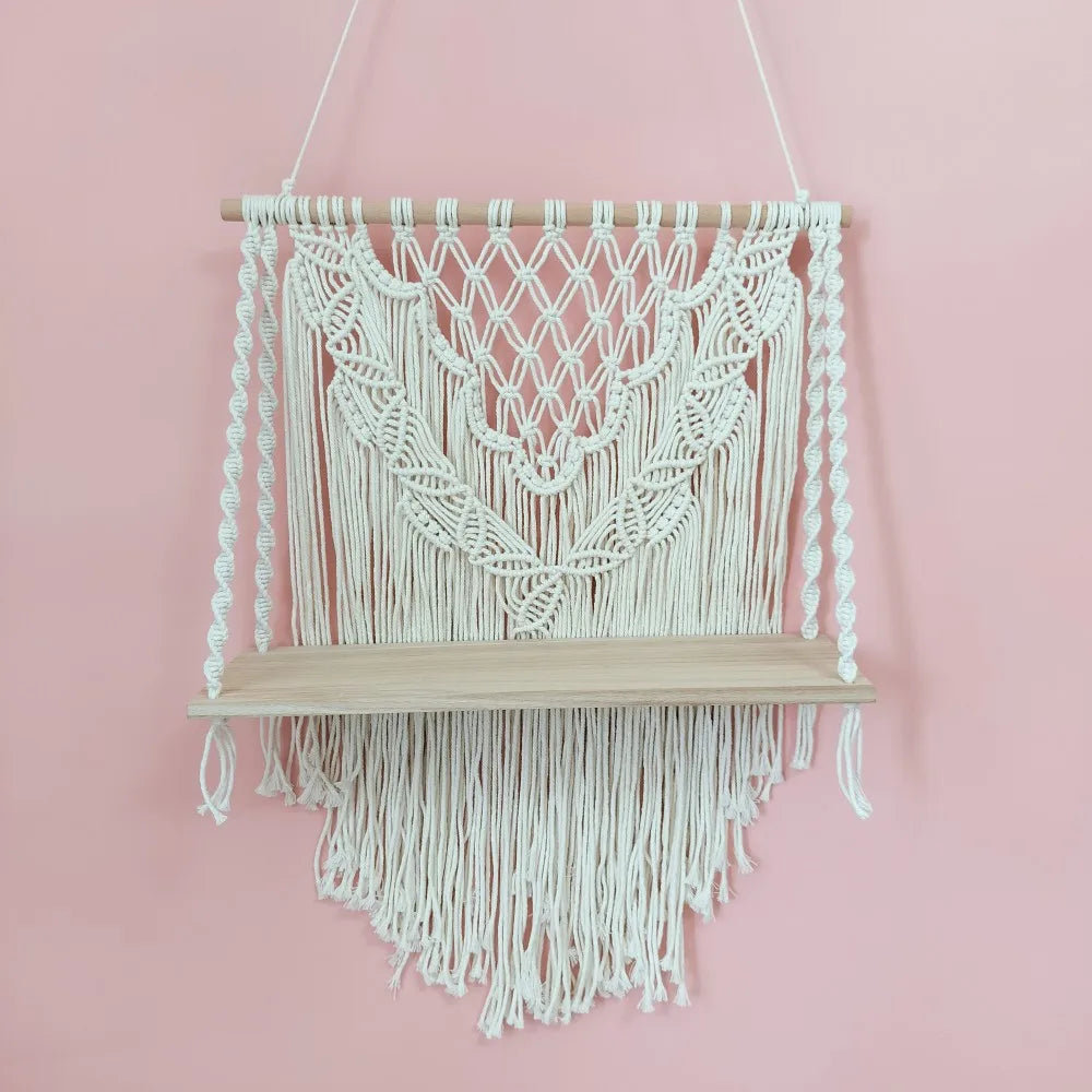 Macrame Floating Shelf Cream White Macrame Wall Hanging Shelf Boho Bedroom Living Room Decor Handwoven Flower Pot Display Stand