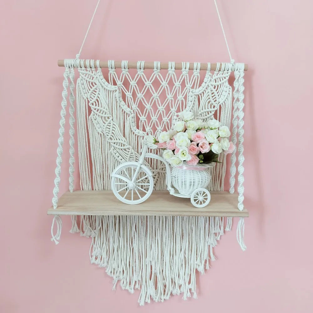 Macrame Floating Shelf Cream White Macrame Wall Hanging Shelf Boho Bedroom Living Room Decor Handwoven Flower Pot Display Stand