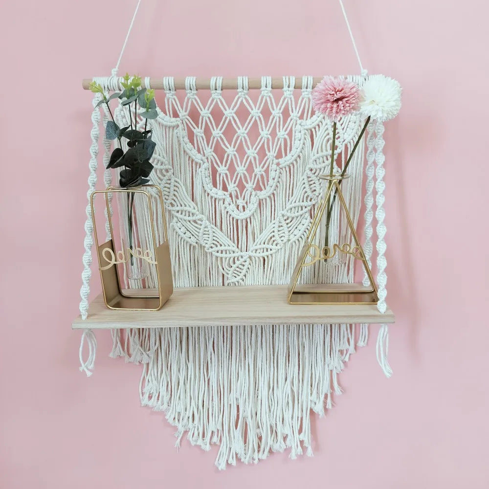 Macrame Floating Shelf Cream White Macrame Wall Hanging Shelf Boho Bedroom Living Room Decor Handwoven Flower Pot Display Stand