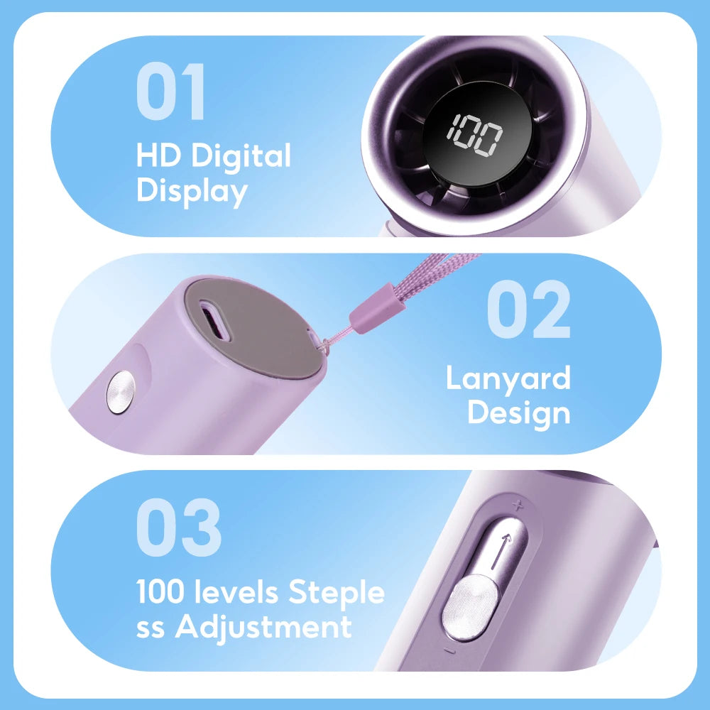 2025 Summer Portable USB Charged Mini Fan LCD Screen Handheld Turbo Fan 100 Gears Adjustable Wind Speeds Portable Desktop Fan