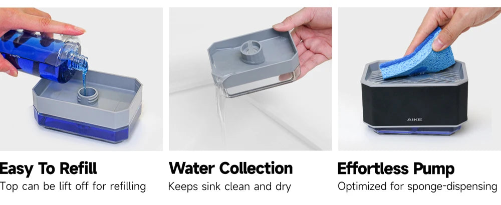 AIKE 2 in 1 Kitchen Soap Dispenser with Sponge Stainless Steel Dish Soap Box Detergent Dispenser for Dishwashing Manual Pump