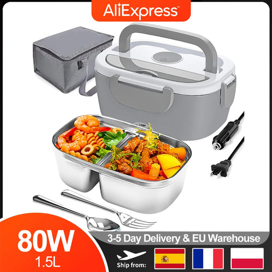 80w1. 5L Portable Electric Heating Lunch Box, Stainless Steel Detachable heat Bowl, Car/Truck/Office Lunch Box, Microwave Oven