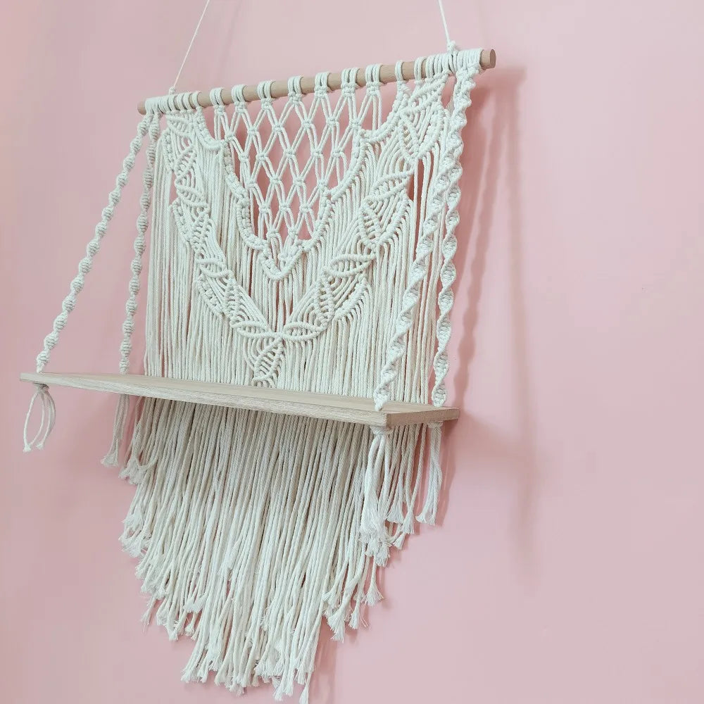Macrame Floating Shelf Cream White Macrame Wall Hanging Shelf Boho Bedroom Living Room Decor Handwoven Flower Pot Display Stand