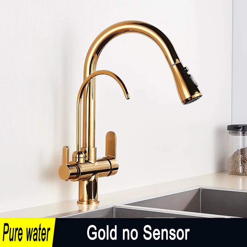 SHBSHAIMY Golden Kitchen Tap Pull Down Purified Water Faucet 360 Rotation Double Handles Single Hole Cold and Hot Water Mixers
