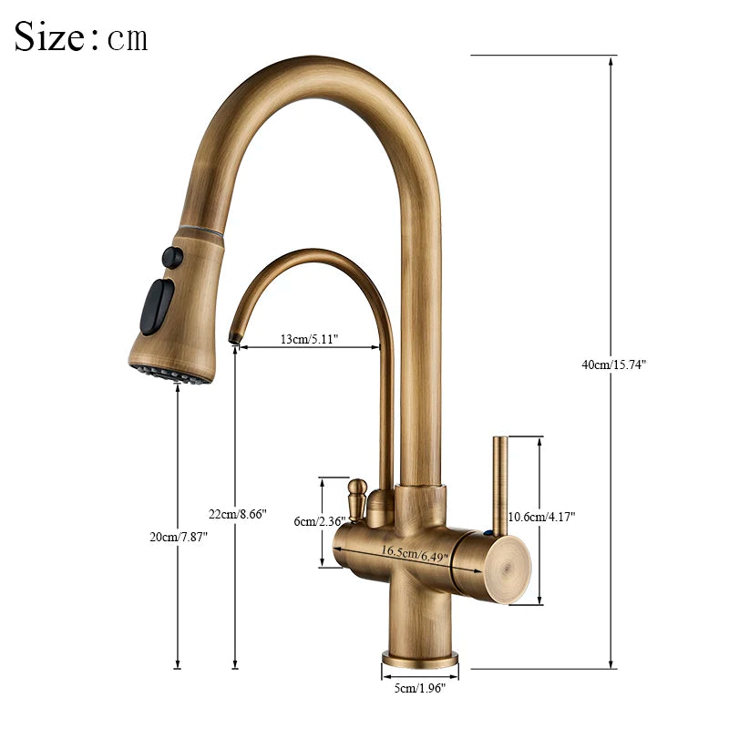 SHBSHAIMY Golden Kitchen Tap Pull Down Purified Water Faucet 360 Rotation Double Handles Single Hole Cold and Hot Water Mixers