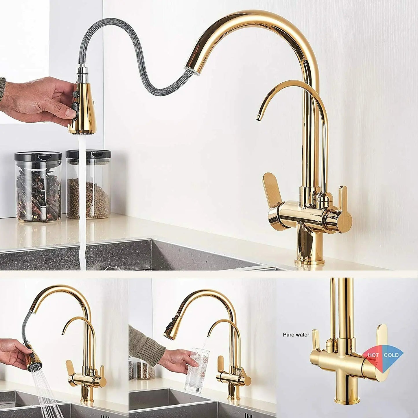 SHBSHAIMY Golden Kitchen Tap Pull Down Purified Water Faucet 360 Rotation Double Handles Single Hole Cold and Hot Water Mixers