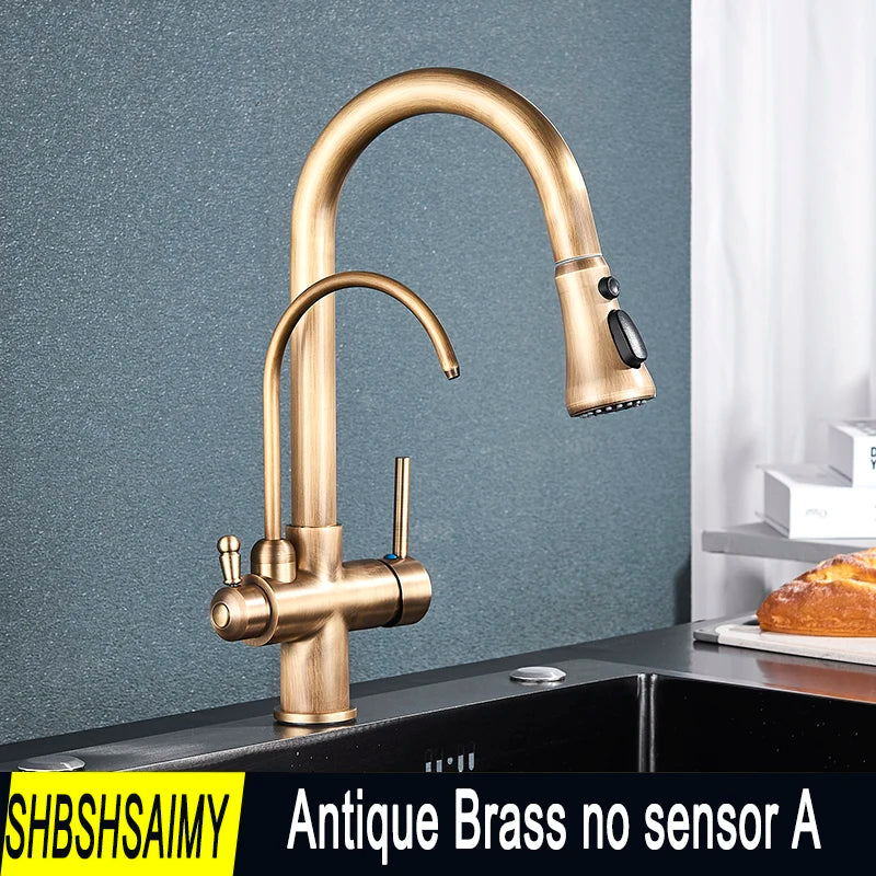 SHBSHAIMY Golden Kitchen Tap Pull Down Purified Water Faucet 360 Rotation Double Handles Single Hole Cold and Hot Water Mixers