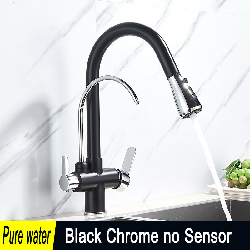 SHBSHAIMY Golden Kitchen Tap Pull Down Purified Water Faucet 360 Rotation Double Handles Single Hole Cold and Hot Water Mixers