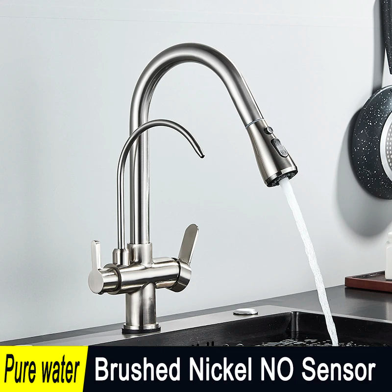 SHBSHAIMY Golden Kitchen Tap Pull Down Purified Water Faucet 360 Rotation Double Handles Single Hole Cold and Hot Water Mixers