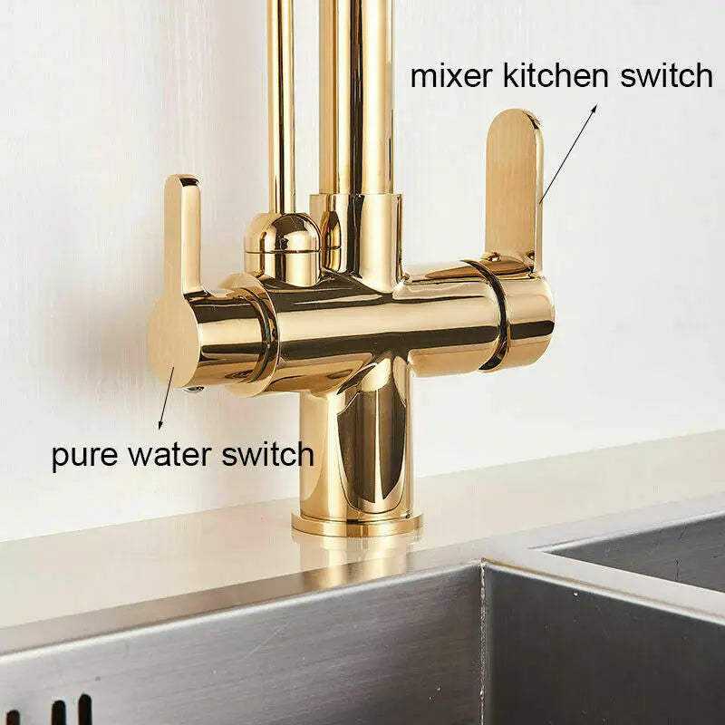 SHBSHAIMY Golden Kitchen Tap Pull Down Purified Water Faucet 360 Rotation Double Handles Single Hole Cold and Hot Water Mixers