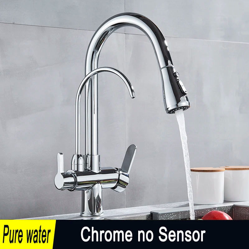 SHBSHAIMY Golden Kitchen Tap Pull Down Purified Water Faucet 360 Rotation Double Handles Single Hole Cold and Hot Water Mixers