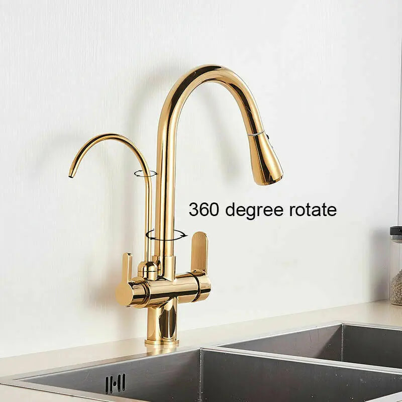 SHBSHAIMY Golden Kitchen Tap Pull Down Purified Water Faucet 360 Rotation Double Handles Single Hole Cold and Hot Water Mixers