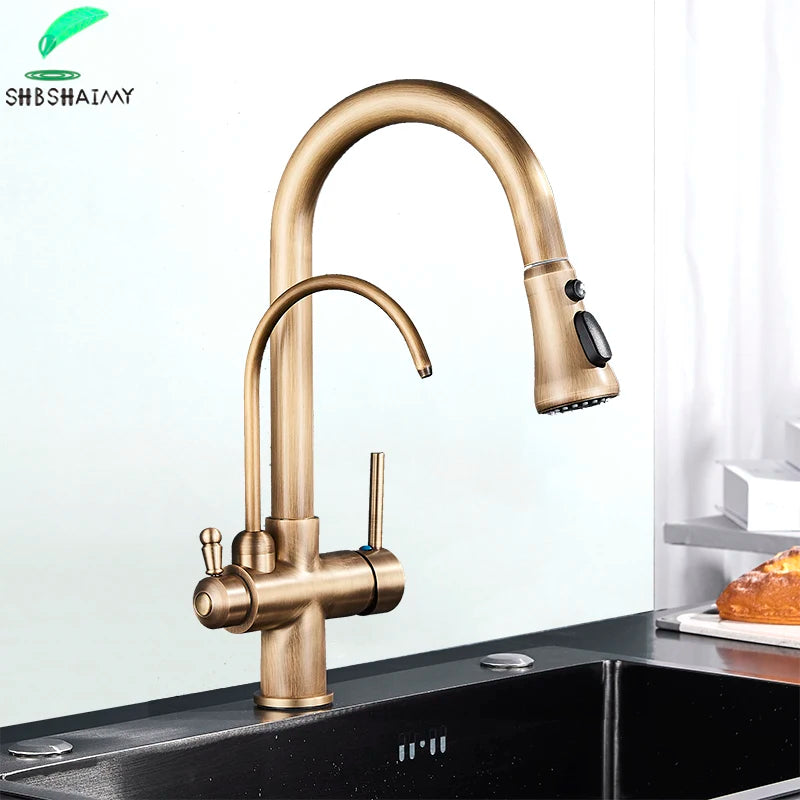 SHBSHAIMY Golden Kitchen Tap Pull Down Purified Water Faucet 360 Rotation Double Handles Single Hole Cold and Hot Water Mixers