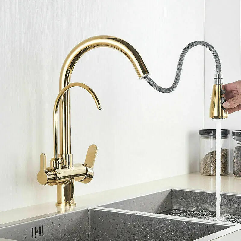 SHBSHAIMY Golden Kitchen Tap Pull Down Purified Water Faucet 360 Rotation Double Handles Single Hole Cold and Hot Water Mixers